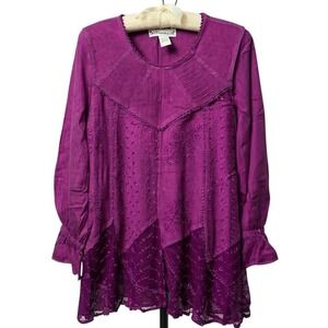 Seventh Avenue Purple Embroidered Boho Tunic Top Rayon Smocked Ruffle Sleeve S